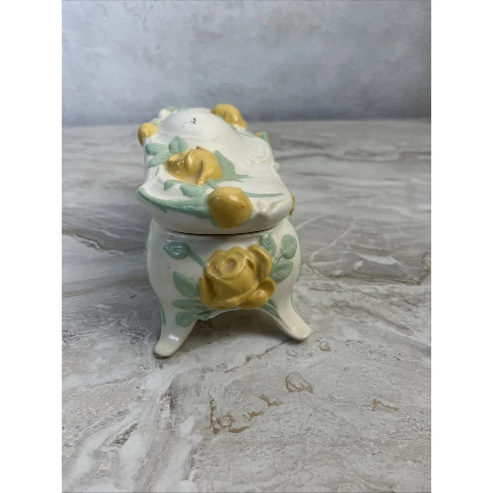 Antique Victorian Porcelain Yellow Rose Jewelry/Trinket Storage Box